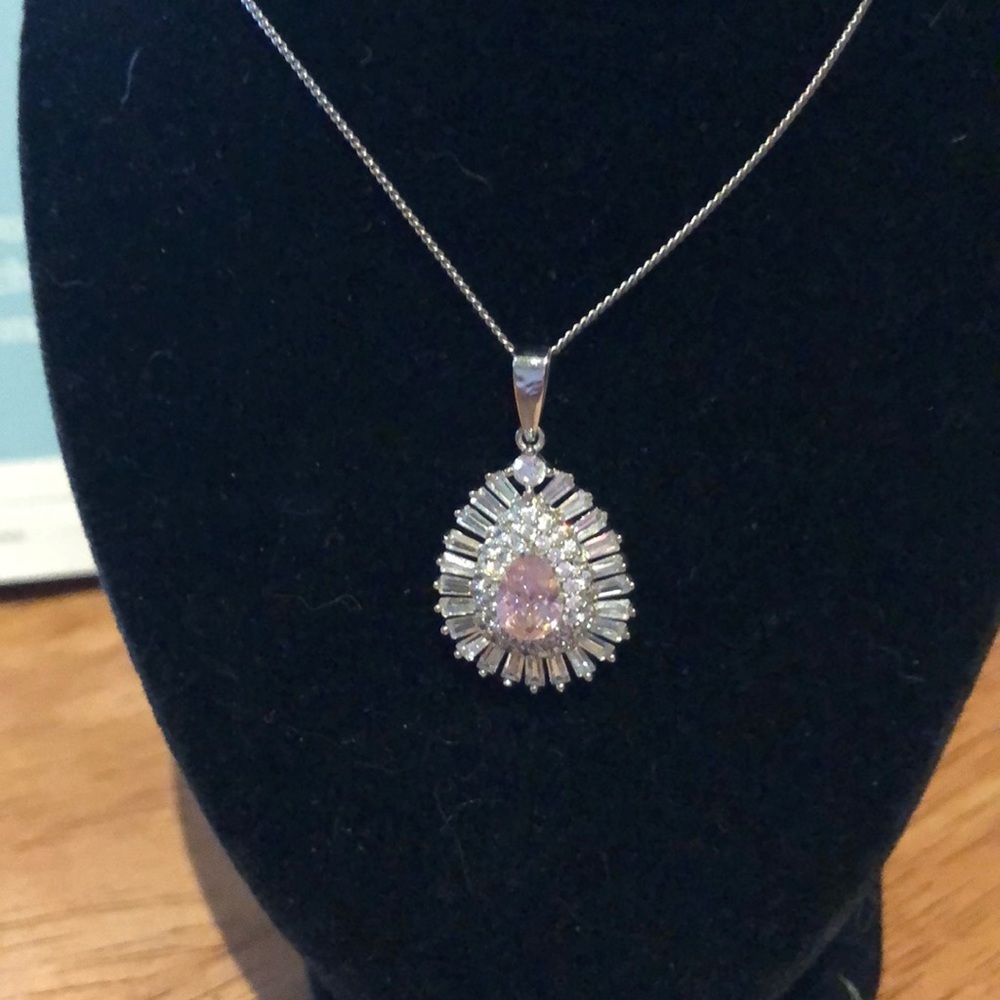Silver feather drop birthstone pink necklace